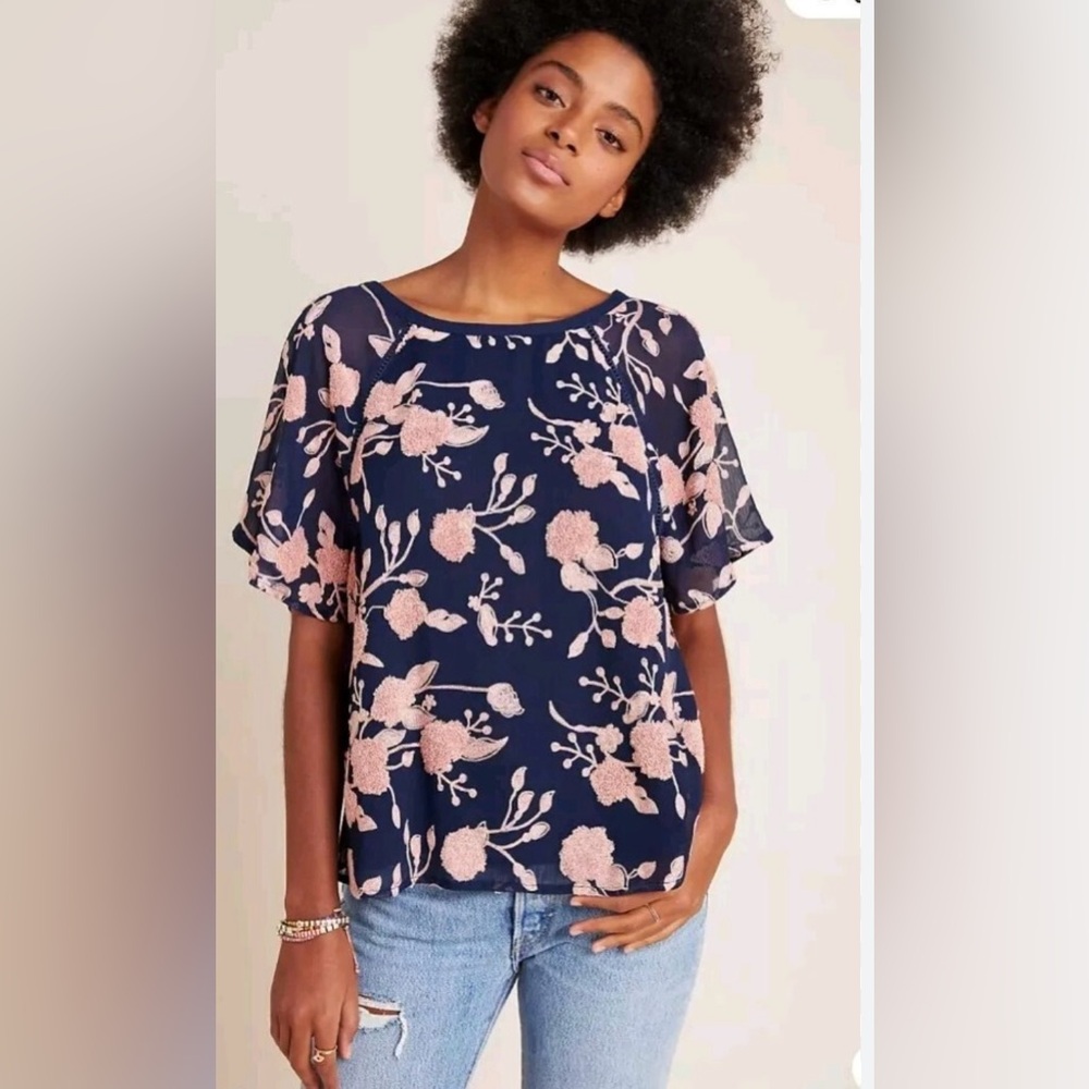 Anthropologie Maeve Franco Flora Navy and Pink Floral Blouse